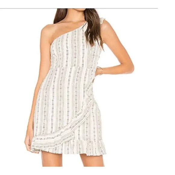 Linen Blend Sleeveless One Shoulder Mini Dress Ruffle Pinstripe Black & white S - Picture 1 of 14